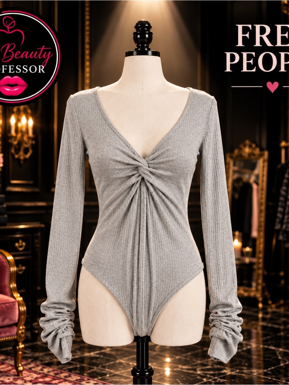 💕Free People Gray Ribbed Twist Front Long Sleeve Bodysuit Size L